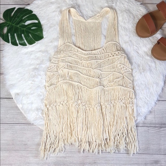 Surf Gypsy Tops - Surf Gypsy Crochet Macrame Fringe Tank Top Medium